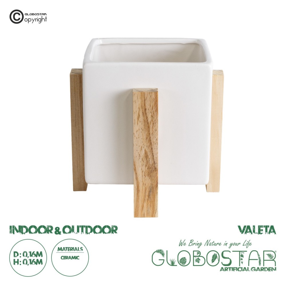 GloboStar® Artificial Garden VALETA 20541 Διακοσμητικό Κεραμικό Κασπώ Γλάστρα - Flower Pot Λευκό με Μπεζ Ξύλο Φ16 x Υ16cm